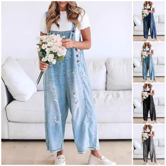 💃Limited time sale 50% OFF💓👖Women's Cute Casual Button Jumpsuit Ripped Denim Overalls