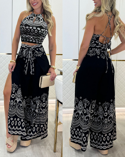 🎁💃2025 Summer Hot Sale 50% OFF💞Women's Retro Pattern Ethnic Halter Sleeveless Top Wide Leg Pants Set