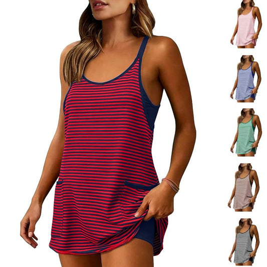 🚨Limited Time 50% Off Striped Tankini Dress with Pockets, High Waist Conservative Swimwear