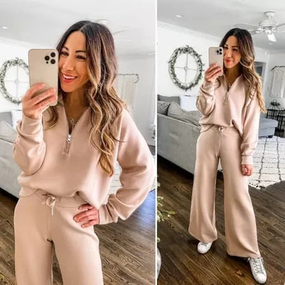 🔥Limited Time Sale-50% OFF💝Women's Oversized Half Zip Wide Leg 2 Piece Outfits Lounge Set