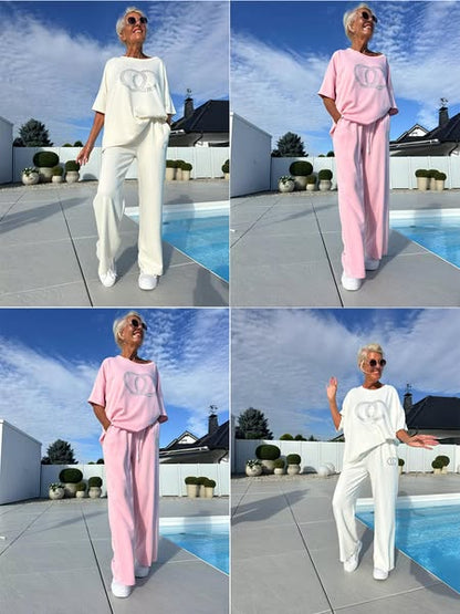 💓Summer Hot Sale 50% OFF🌼Casual two-piece set for women, plain top and loose trousers