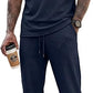 Mens 2 Piece Rib Knit Sweatsuit Summer Sleeveless Tank Top Baggy Wide Leg Pants Set