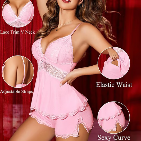 💕LAST DAY SPECIAL PRICE: ￡11.99!!💕Lace Trimmed V-Neck Camisole & Shorts Sleepwear Set