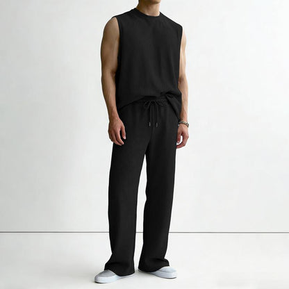 Mens 2 Piece Rib Knit Sweatsuit Summer Sleeveless Tank Top Baggy Wide Leg Pants Set