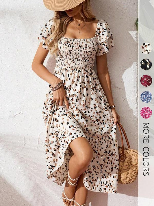 🌈2026 Summer Hot Sale 50% OFF!✨Square Neck Floral Midi Dress – Smocked Bodice, Flowy Tiered Skirt, Romantic🌸2