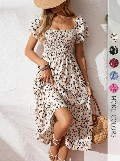 🌈2026 Summer Hot Sale 50% OFF!✨Square Neck Floral Midi Dress – Smocked Bodice, Flowy Tiered Skirt, Romantic 🌸1