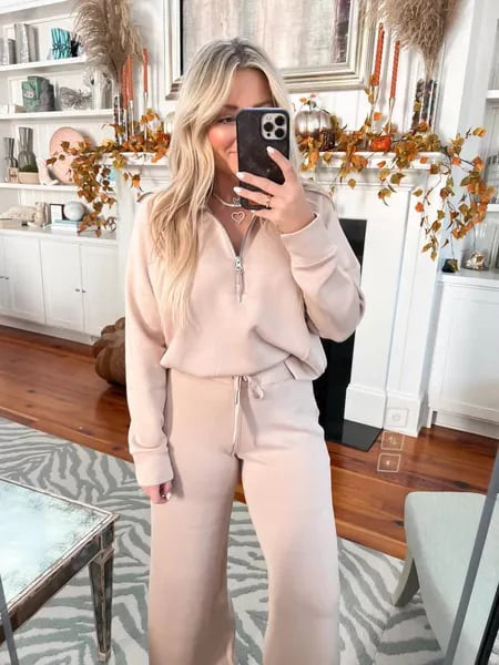 🔥Limited Time Sale-50% OFF💝Women's Oversized Half Zip Wide Leg 2 Piece Outfits Lounge Set