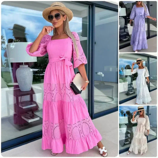 🌷Limited Sale 50% OFF🍃Women’s Trendy Patchwork Tie Waist Square Neck Long Dress
