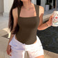 🔥Big promotion 🥰Sexy Ribbed Strappy Square Neck Sleeveless Tummy Control Tank Tops Bodysuits🩱