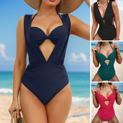 🏖️Last Day Special Sale 49% OFF🏝️Women's Underwire Tummy Control One Piece Halter Plunging Neck Swimsuit🩱