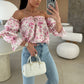 🎁Hot Sale🎁🔥HOT SALE 50% OFF🔥Floral Print Smocked Off-Shoulder Top – Feminine & Flattering Summer Style