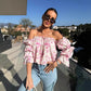 🎁Hot Sale🎁🔥HOT SALE 50% OFF🔥Floral Print Smocked Off-Shoulder Top – Feminine & Flattering Summer Style