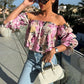 🎁Hot Sale🎁🔥HOT SALE 50% OFF🔥Floral Print Smocked Off-Shoulder Top – Feminine & Flattering Summer Style