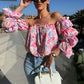 🎁Hot Sale🎁🔥HOT SALE 50% OFF🔥Floral Print Smocked Off-Shoulder Top – Feminine & Flattering Summer Style