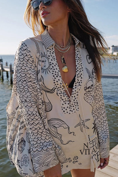 💕2025 HOT SALE 50% OFF💕Satin Unique Letter Print Tassle Shirt and Elastic Waist Shorts Set