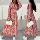 Fashion V-Neck Button Long Sleeve Floral Waist Dresses
