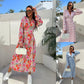 Fashion V-Neck Button Long Sleeve Floral Waist Dresses