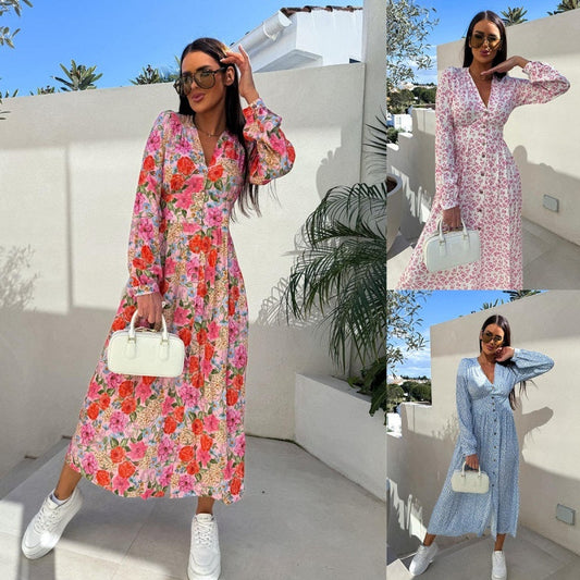 Fashion V-Neck Button Long Sleeve Floral Waist Dresses