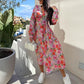 Fashion V-Neck Button Long Sleeve Floral Waist Dresses