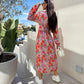 Fashion V-Neck Button Long Sleeve Floral Waist Dresses