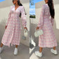 Fashion V-Neck Button Long Sleeve Floral Waist Dresses