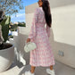 Fashion V-Neck Button Long Sleeve Floral Waist Dresses