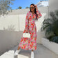 Fashion V-Neck Button Long Sleeve Floral Waist Dresses