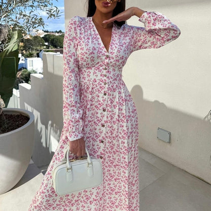 Fashion V-Neck Button Long Sleeve Floral Waist Dresses