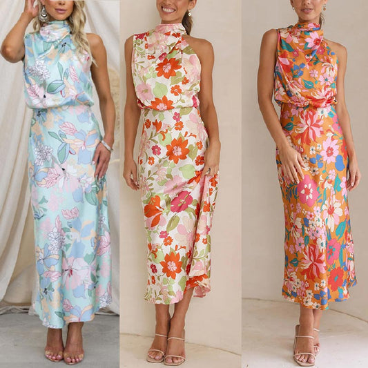 ⌛✨2025 Hot Sale 50% OFF🎨Love In The Garden Floral Halter Neck Elastic Waist Maxi Dress