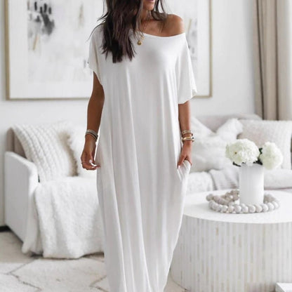 💃Last Day Special Discount❤️Women's Summer Casual Loose Solid Color Short-Sleeve Long Dress