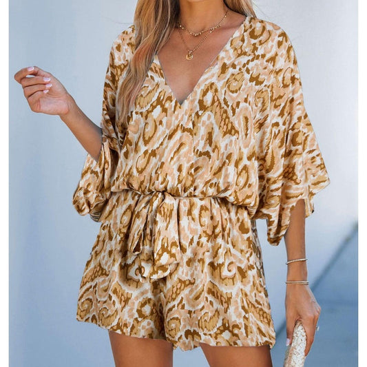 ☀️Summer Cool Deal: 49% OFF!!😍🎨Women's Summer Casual V-Neck Printed Jumpsuit with Waist Tie and Dolman Sleeves