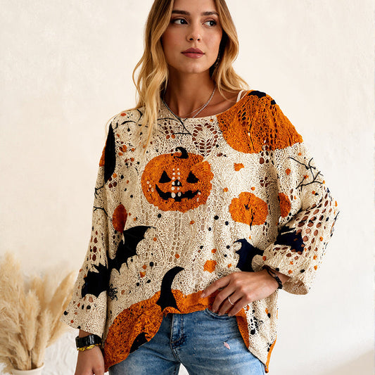 🎁🎃Halloween 50% Off Special Offer💓Women's Halloween Loose Fit Batwing Knit Sweater