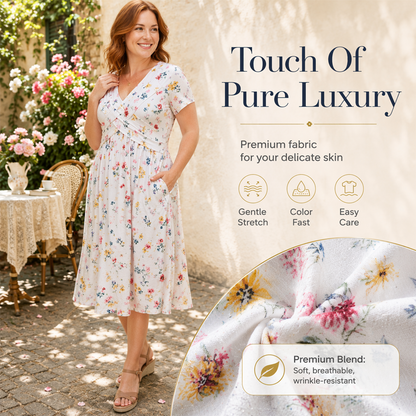 👗 50% OFF NOW! 💐Women's V-Neck Floral Twist Waist Midi Dress – with Side Pockets, Soft Flowy Casual Summer Dress