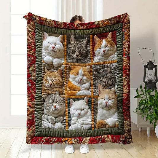 🎁LAST DAY SALE: £11.98!! 🐱💤 Cozy 9‑Panel Sleeping Cats Blanket – Ultra‑Soft Flannel, Reversible Design, Perfect for Sofa, Bed & Travel 🌙✨