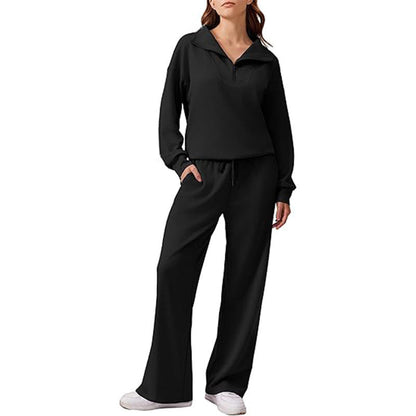 🔥LAST DAY SALE 70% OFF👍Women's Half-Zip Lapel Top and Wide-Leg Pants Set