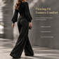 ⏳Last Day Sale Only ￡25.99!!🎁✨ Women's Two Piece Outfit Fall Winter Deep V Neck Lantern Sleeve Pleated Top and Wide Leg Pants with Pockets