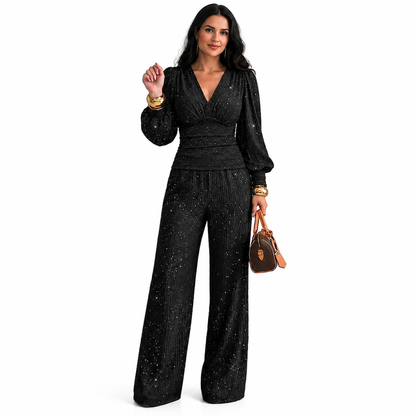 ⏳Last Day Sale Only ￡25.99!!🎁✨ Women's Two Piece Outfit Fall Winter Deep V Neck Lantern Sleeve Pleated Top and Wide Leg Pants with Pockets