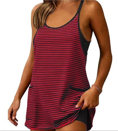 🚨Limited Time 50% Off Striped Tankini Dress with Pockets, High Waist Conservative Swimwear